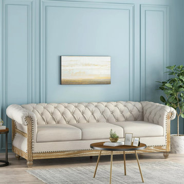 Chesterfield Sofa, Rustic Wood Frame & Tufted Backrest & Rolled Arms, Beige