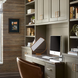 Design ideas for a small transitional home office in Chicago with a library, multi-coloured walls, dark hardwood floors, no fireplace, a built-in desk and brown floor.