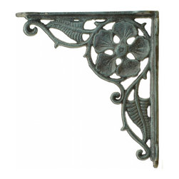 Import Wholesales - Decorative Shelf Bracket, Flower Leaf, Distressed Blue Cast Iron, 9.375" - Brackets