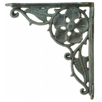 Decorative Shelf Bracket, Flower Leaf, Distressed Blue Cast Iron, 9.375"