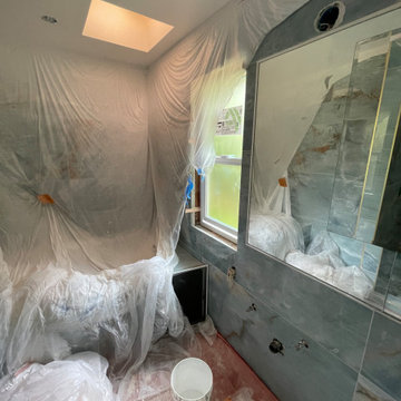 Bathroom Remodel; Huge Blue Tiles; Luxury shower and tub