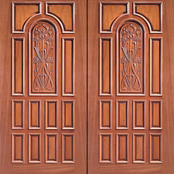 Prehung Double Door, Center Arch Hand Carved Panels in Mahogany - Front Doors