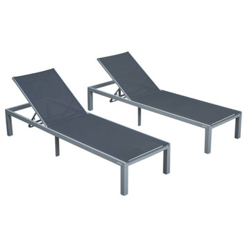 LeisureMod Marlin Patio Chaise Lounge Chair With Gray Frame, Set of 2, Black