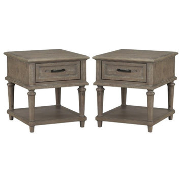 Home Square Wood 1 Drawer End Table in Driftwood Light Brown - Set of 2
