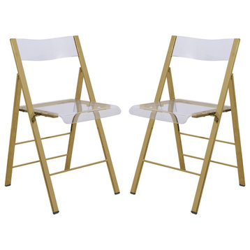LeisureMod Menno Modern Acrylic Gold Base Folding Chair, Set of 2