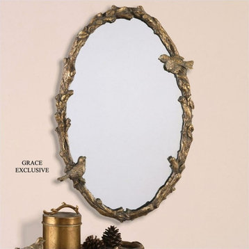 Bowery Hill Modern Oval Vine Mirror in Distressed Antiqued Gold