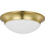 Progress Lighting - 2-Light 14" Etched Glass Flush Mount - This flush mount proves that embracing comfort doesn't mean settling for boring or plain style. A delicate, etched white glass shade is ready to grant a generous glow. The shade is encircled by an enchanting, satin brass beveled frame for an understated, elegant design.
