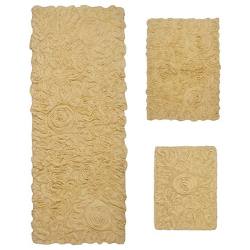 Bell Flower Collection Tufted Bath Rug, 3-Piece Set With Runner-Yellow