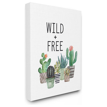 Wild And Free Typography with Watercolor Cacti and Striped Pots Canvas, 16"x20"