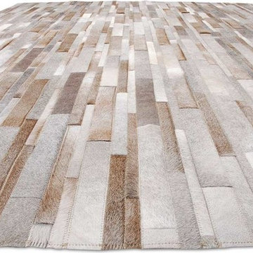 Patchwork Cowhide Rug Stripes Design in White, Gray and Beige