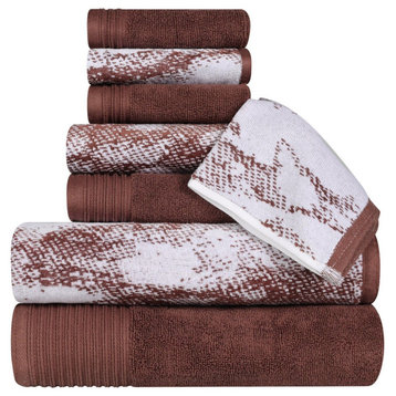 8 Piece Marble Effect Face Hand Bath Towel, Brown