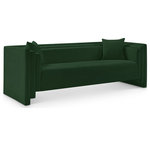 Meridian Furniture - Everett Upholstered Sofa, Green, Chenille Fabric - Make this Everett green chenille fabric sofa the center of a cozy reading nook. Handsome from every angle, this posh sofa is plumply appointed to put supreme comfort within easy reach. Soft green chenille upholstery fabric adds to its lavish feel while a staggered design gives it a modern edge. An included pillow gives it a beckoning vibe while the sofa's solid wood inner frame makes it a lasting addition in any room.