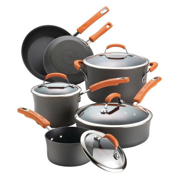 Hard-Anodized Nonstick 10-Piece Cookware Set, Gray, Orange Handles