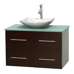 Wyndham - Centra 36" Espresso Vanity, Green Glass Top, Arista White Carrera Marble - Bathroom Vanities And Sink Consoles