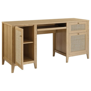 Modway Soma 63" Natural Rattan and MDF Wood Office Desk in Oak