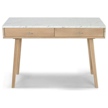 Viola 44" Rectangular Italian Carrara White Marble Writing Desk, Oak, 15" Wide