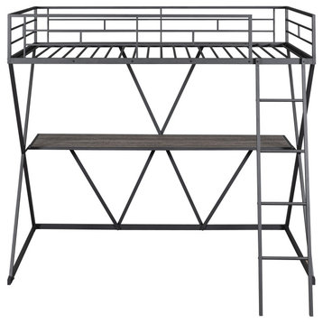 Gewnee Twin Size Loft Bed with Desk, Ladder and Full-Length Guardrails in Black
