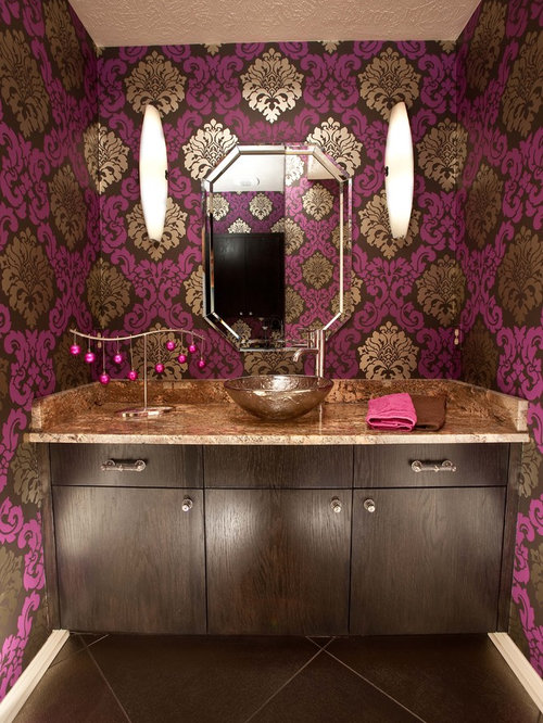 Eclectic Powder Room Omaha Eclectic powder room idea in Omaha with granite countertops and a vessel sink