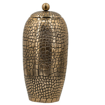 15" Aluminum Urn, Lidded Top, Hammered Texture, Antique Gold Finish