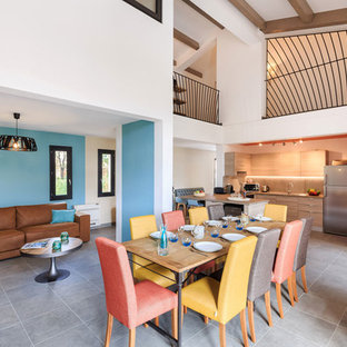 マルセイユの広いコンテンポラリースタイルのLDKの画像 (青い壁、セラミックタイルの床、暖炉なし)