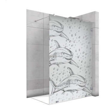Frameless Fixed Shower Glass Panel with Frosted Shark Design, Semi-Private, 37-1/2" X 75", Right Opening, Include Support Bar