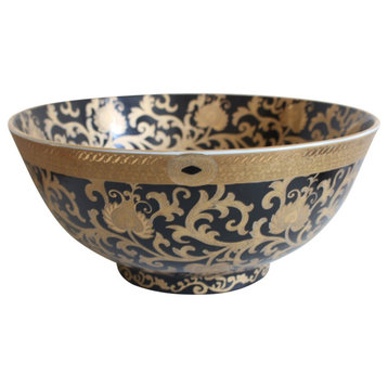 Chinese Black and Gold Tapestry Motif Porcelain Bowl With Base 14"