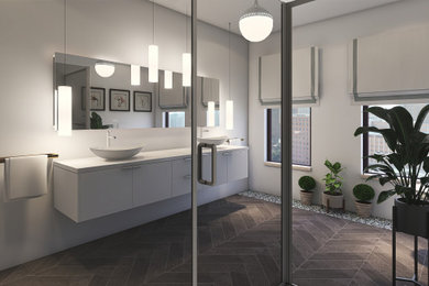 Diseño de cuarto de baño principal, doble y flotante minimalista de tamaño medio con puertas de armario blancas, ducha a ras de suelo, sanitario de una pieza, paredes blancas, suelo de baldosas de cerámica, encimera de laminado, suelo marrón, ducha con puerta con bisagras y encimeras blancas