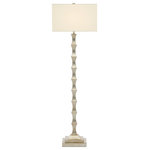 Currey & Company - Lyndhurst Floor Lamp - The Lyndhurst floor lamp has a simple bone-like spine that is beautifully finished in silver leaf to bring the knobby column a lustrous glow. Held into place with a matching finial, the rectangular off-white shantung shade is wide enough to cast its illumination onto the entire frame for a stunning effect. The lamp, which stands 63" tall, will bring warmth into any interior space, from traditional and transitional to contemporary and Boho chic.
