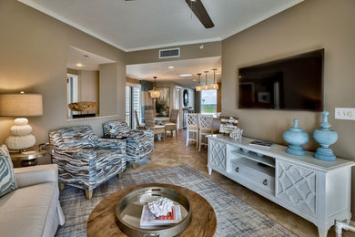 Example of a mid-sized transitional formal and open concept carpeted and brown floor living room design in Miami with brown walls, a wall-mounted tv and no fireplace