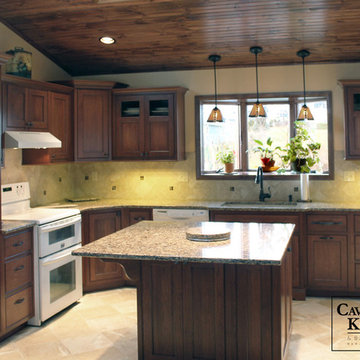 Transitional Kitchen with Wood Ceiling & Desk Area