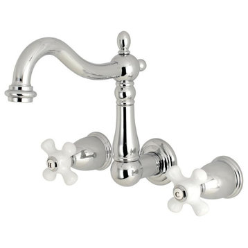 Wall Mounted Widespread Bathroom Faucet, Crossed White Handles, Polished Chrome