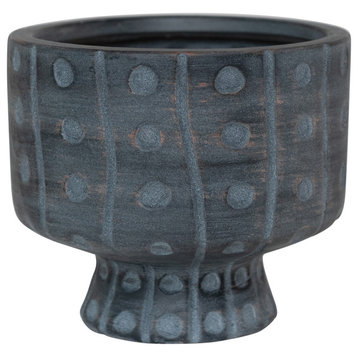 Stoneware Footed Planter with Embossed Dots and Designs, Matte Black