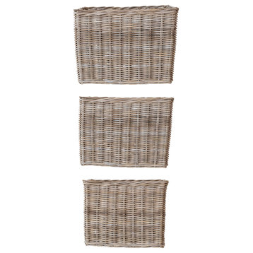 Rectangular Woven Rattan Baskets With Handles, Natural, Set of 3