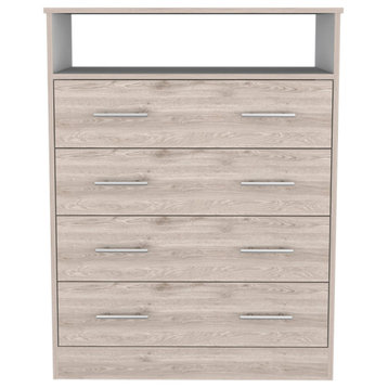 Lagos 4 Drawer Dresser with Open Shelf and Metal Handles, Light Gray