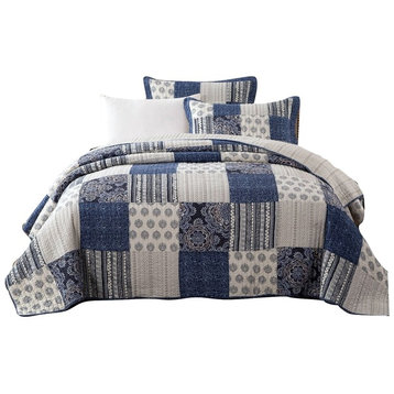 Bohemian Denim Blue Floral Elegance Patchwork Quilted Coverlet Bedspread Set, Qu