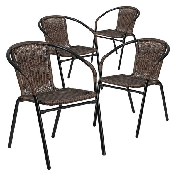 Dark Brown Rattan Indoor-Outdoor Stack Chairs, Set of 4