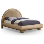 Meridian Furniture - Madrid Upholstered Bed, Beige, Queen, Velvet - Transform your bedroom with the bold and sophisticated charm of the Madrid beige velvet upholstered queen bed. Inspired by classic Art Deco design, this bed showcases a striking arched headboard and rounded edges for a unique, sculptural look. The luxurious velvet upholstery adds a layer of softness and warmth, making it a stunning centerpiece that combines artful design with everyday comfort.