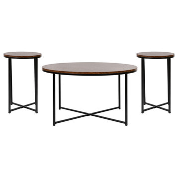 3 Piece Coffee and End Table Set With Crisscross Frame, Walnut and Matte Black