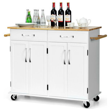 Modern Kitchen Cart, 2 Storage Cabinets & 2 Drawers With Curved Silver Handles