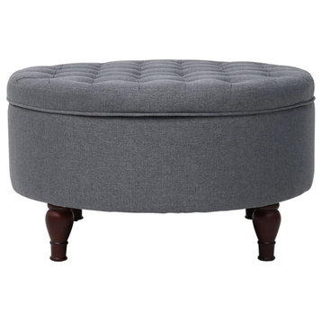 Classic Ottoman, Turned Legs & Tufted Flip Over Lid With Wooden Surface, Gray
