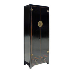Chinese Oriental Distressed Black Lacquer Moonface Tall Storage Cabinet - Armoires And Wardrobes