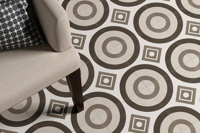 Mid-sized transitional porcelain tile living room photo in Kansas City