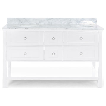 Lily Contemporary 60" Wood Double Sink Bathroom Vanity With Marble Counter Top