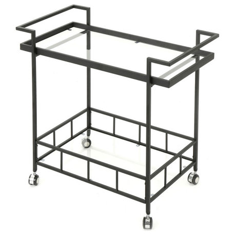 GDF Studio Brose Indoor Black Iron Bar Cart With Tempered Glass Shelves