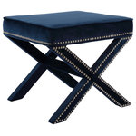 Meridian Furniture - Nixon Velvet Upholstered Ottoman/Bench, Navy - You'll be sitting pretty on this Nixon navy velvet ottoman/bench. This beautiful piece has a stunning look with its navy velvet upholstery and chrome nail head trim that gives your room a decidedly contemporary vibe. The X-shaped legs are sturdy and stout, making it a beautifully durable addition to your space. The ottoman's large top accommodates your feet while you relax and unwind with a good book, or pull it out on game night for an extra seat.