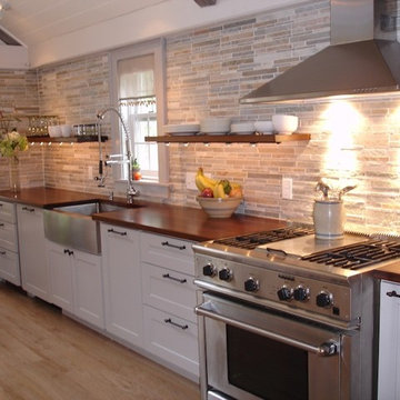 Cozy Kitchen/Gathering Room with Custom Wood Countertops & Floating Shelves