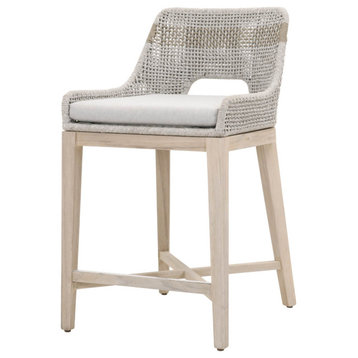 Indoor Outdoor Beige Rope Woven Counter Stool Gray Teak All Weather Cushion