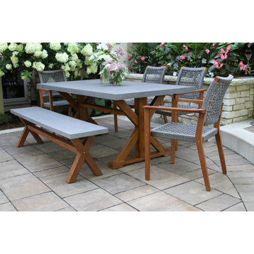 6-Piece Eucalyptus and Composite Dining Set With Bench and Stacking Armchairs