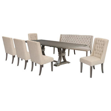 Rustic Gray Wood 7pc Dining Set with Table and Beige Linen Chairs and Bench