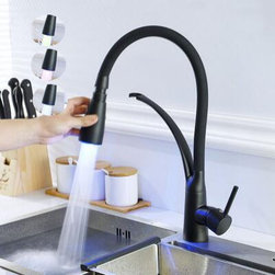 Brass Dull Polished Black Pull Out LED SPRING Kitchen Mixer Sink Faucet FB268P - Kitchen Faucets